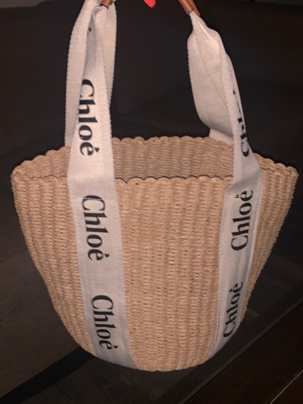 Chl oe inspired Natural Straw Tote Bag with White Logo Straps